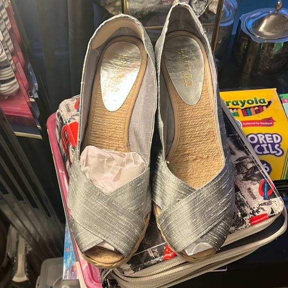 Silver silk espadrille wedges by Lauren Ralph Lauren. - Picture 1 of 5